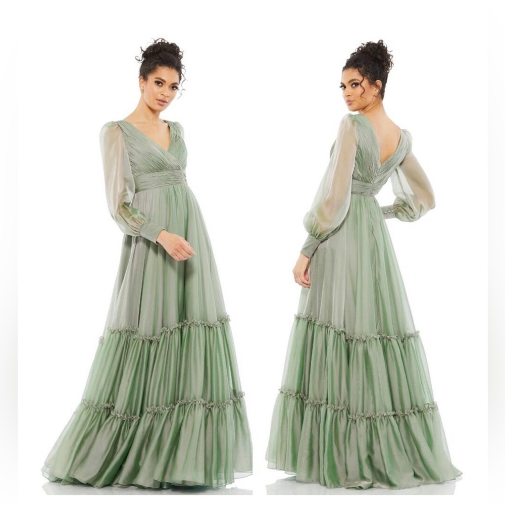 Mac Duggal FAUX WRAP ILLUSION BISHOP SLEEVE TIERED GOWN Sage NWT - Picture 5 of 16